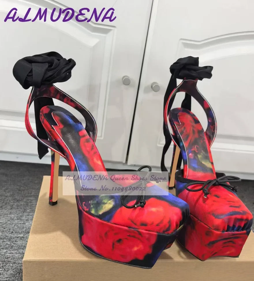 

ALMUDENA Mixed Color Satin Cloth Floral Square Toe Dress Pumps Red Black Silk Ribbon Lace-Up Platform Banquet Shoes Stilettos