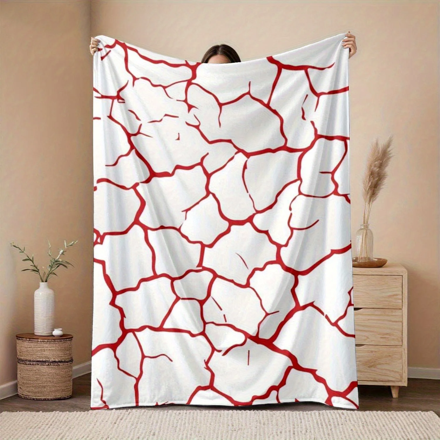 Red Cracked Pattern Throw Blanket Modern Abstract Design for Living Room Sofa Decor MinimalistHomeStyle Gift for Her