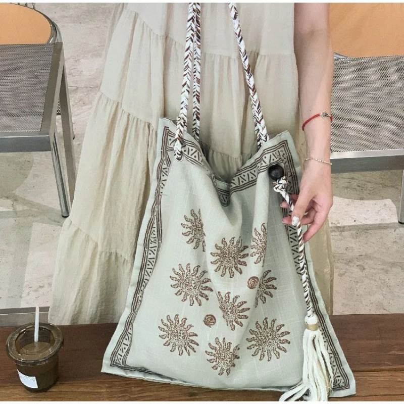 Designer Style Bohemian Linen Bag With Braided Handle Ethnic Floral Embroidered Tote Bag Women Crossbody Shopper Bag With Tassel view 2