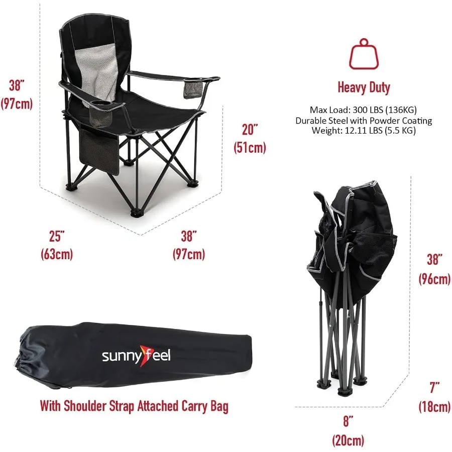 كرسي تخييم قابل للطي كبير الحجم 500 رطل كراسي حديقة شديدة التحمل للبالغين أسود محمول قابل للطي مع جيب حامل أكواب مسند الذراع