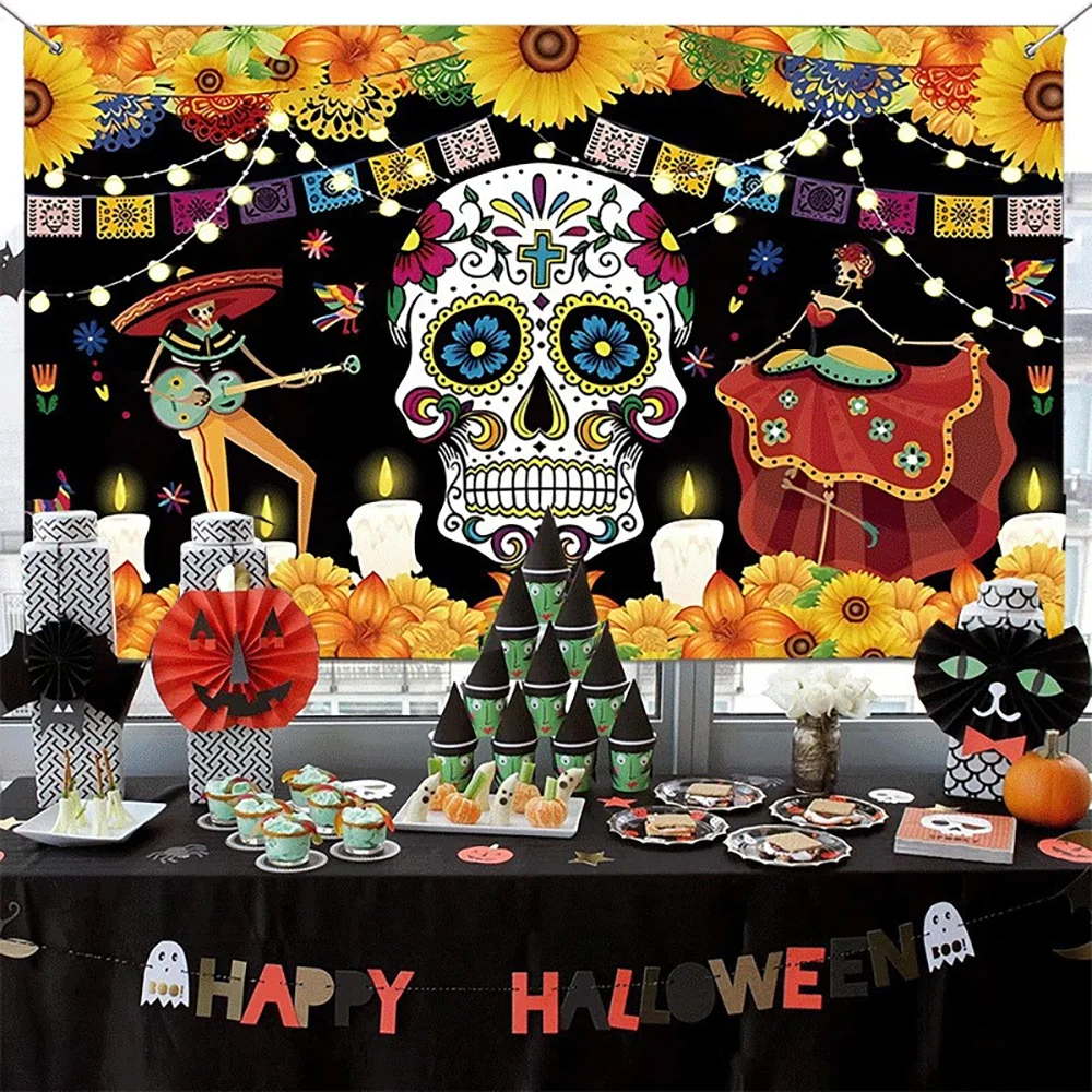 Mexico Day Of The Dead Theme Mexican Fiesta Backdrop Skull Candle Dancer Dia De Los Muertos Cactus Guitar Cactus Party Props