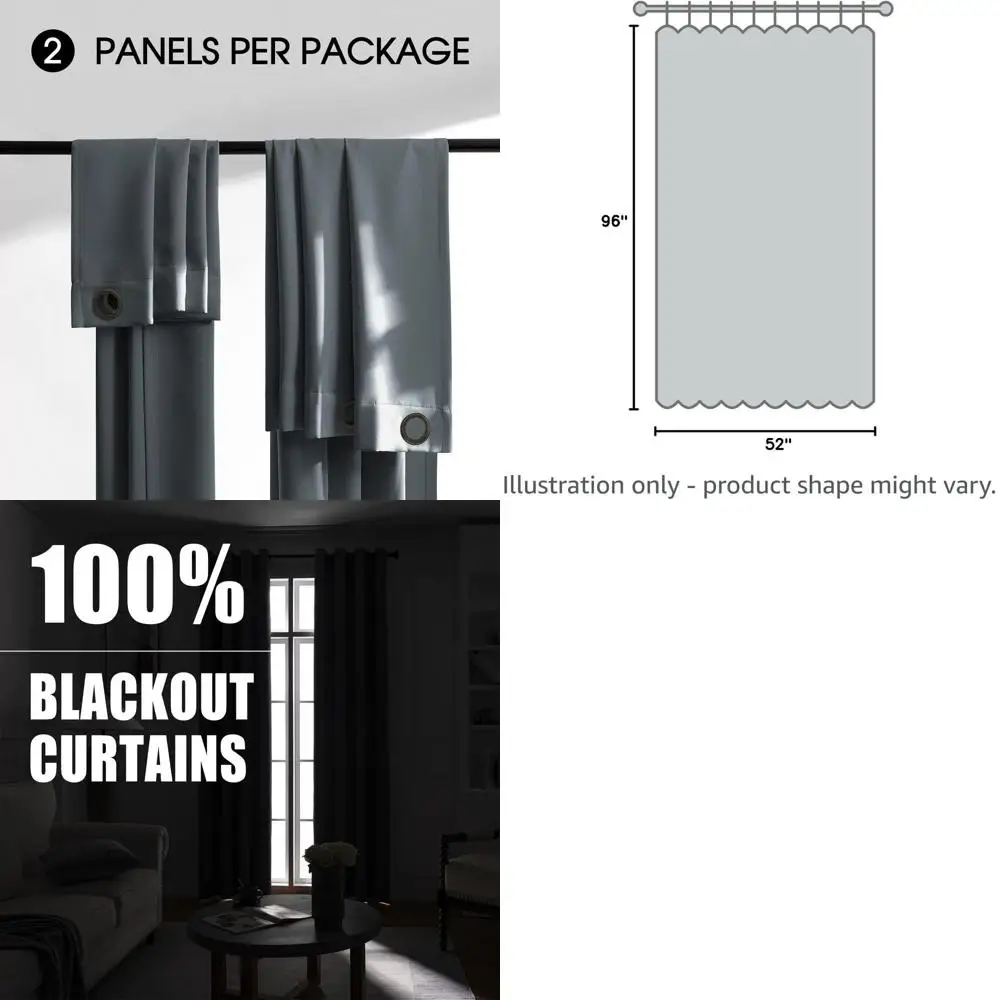 Thermisch geïsoleerde verduisteringsgordijnen, 96 set met 2 panelen, warmte- en lichtblokkering, doorvoertules voor woonruimtes, donkergrijs (52W x 96L)