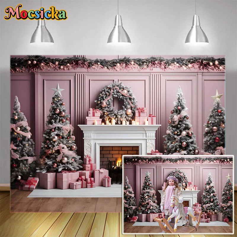 

Pink Tone Christmas Backdrop for Photography White Fireplace Xmas Tree Wreath Gift Box Girl Portrait Photo Background Studio