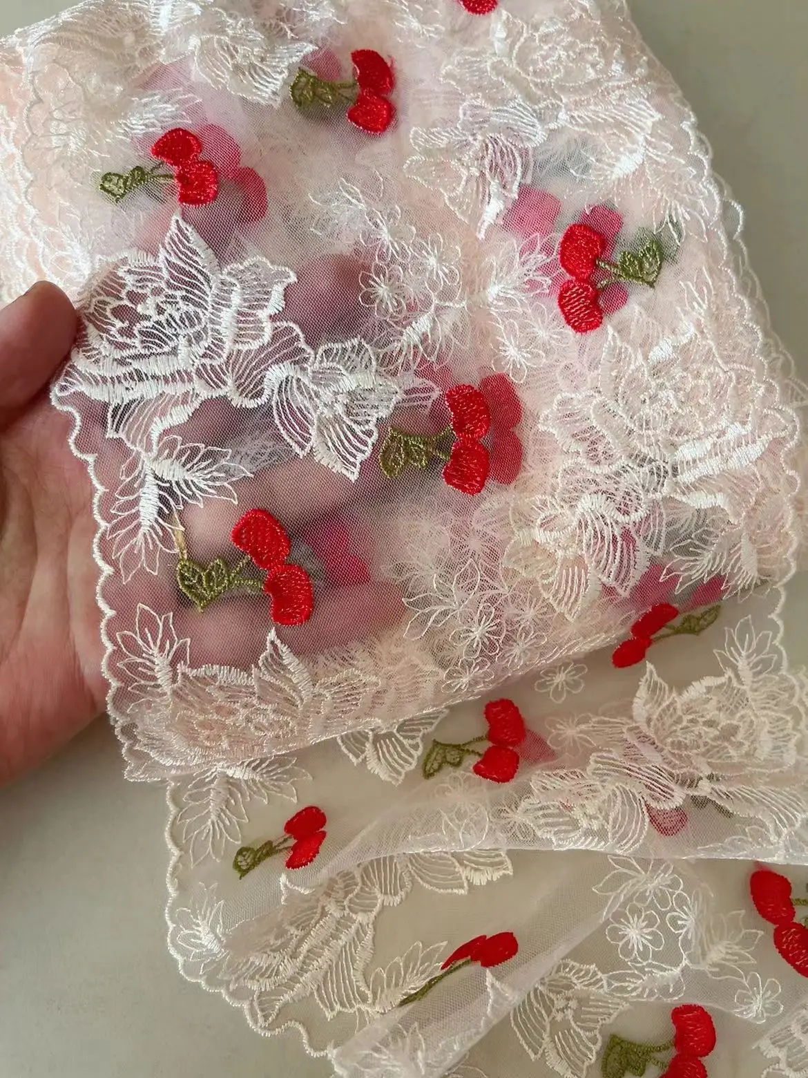 Pink Mesh Two-Tone Cherry Embroidery Lace Trim, Skirt Hem, Underwear Sewing Accessories, DIY Apparel Fabrics, Craft, 20Y New