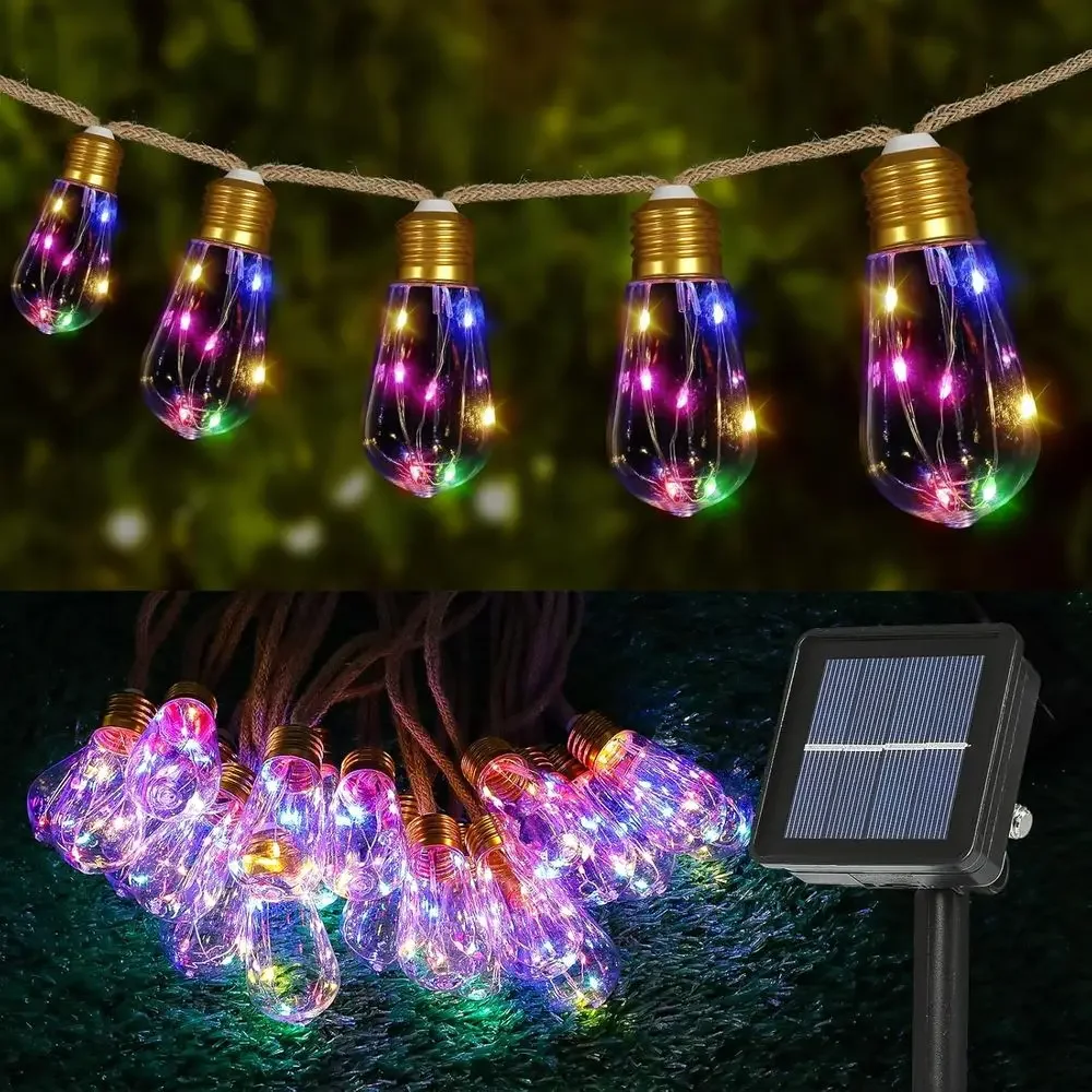 Outdoor String Lights 24T Vintage Rope Hemp Lights with 20 Shatterproof Bulbs, 8ft Powered String Lights with Memory Function, W