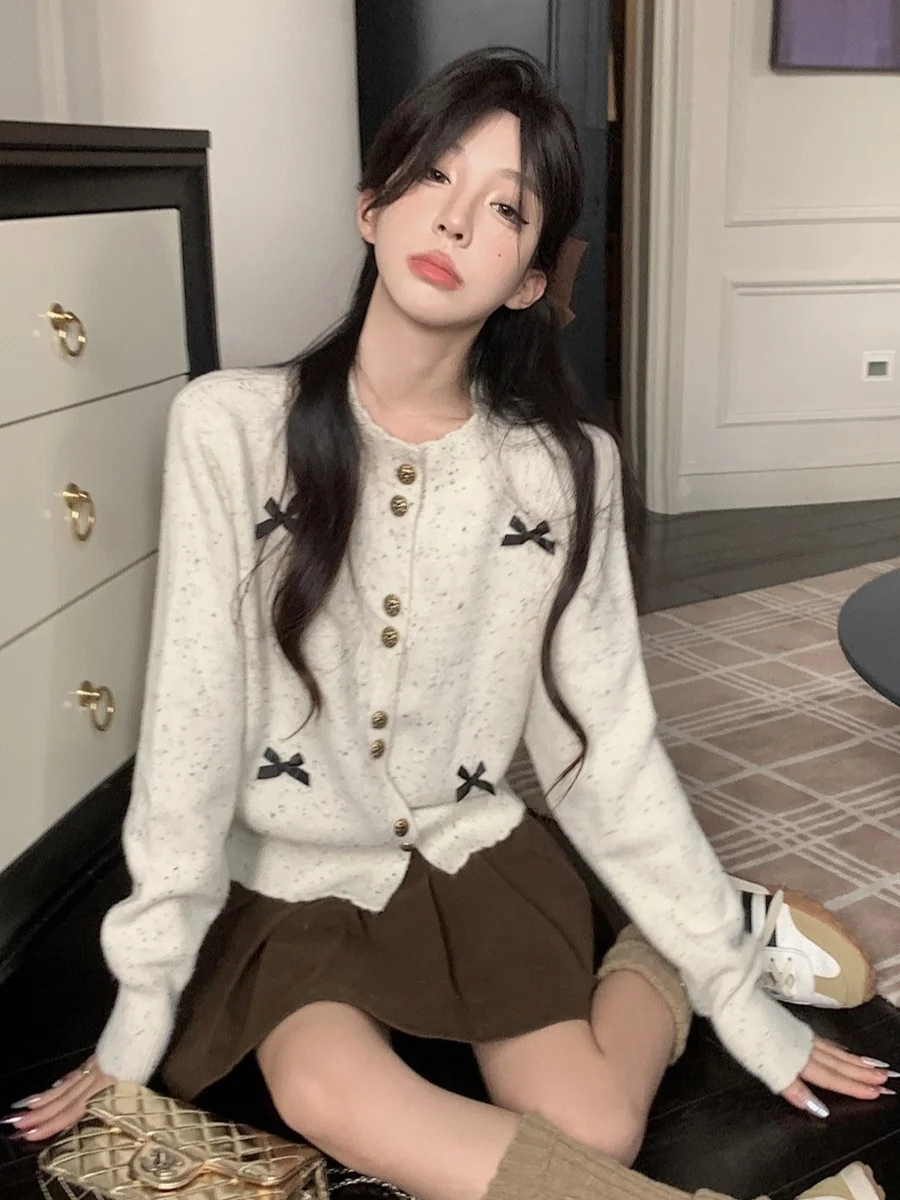 

Korean Sweet Girl round Ne Knitted Sweater Long Sve Women's Spring Autumn 3D Knot Slimming Cardigan Top