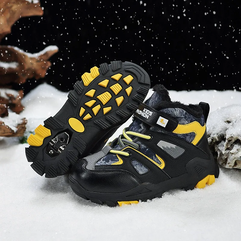 

Winter Fur Hiking Shoes Kids Non-slip Claw Sports Shoes Outdoor Warm Velvet Snow Boots Children High Top Platform Sneakers Boys