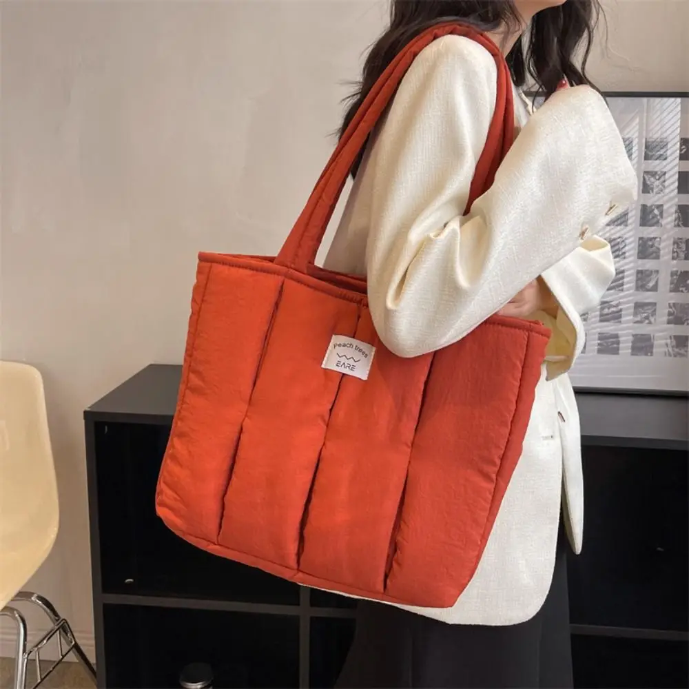 

Korean Style Cotton Shoulder Bag Soft Large Capacity Nylon Handbag Solid Color Lightweight Space Cotton Bag Office Worker