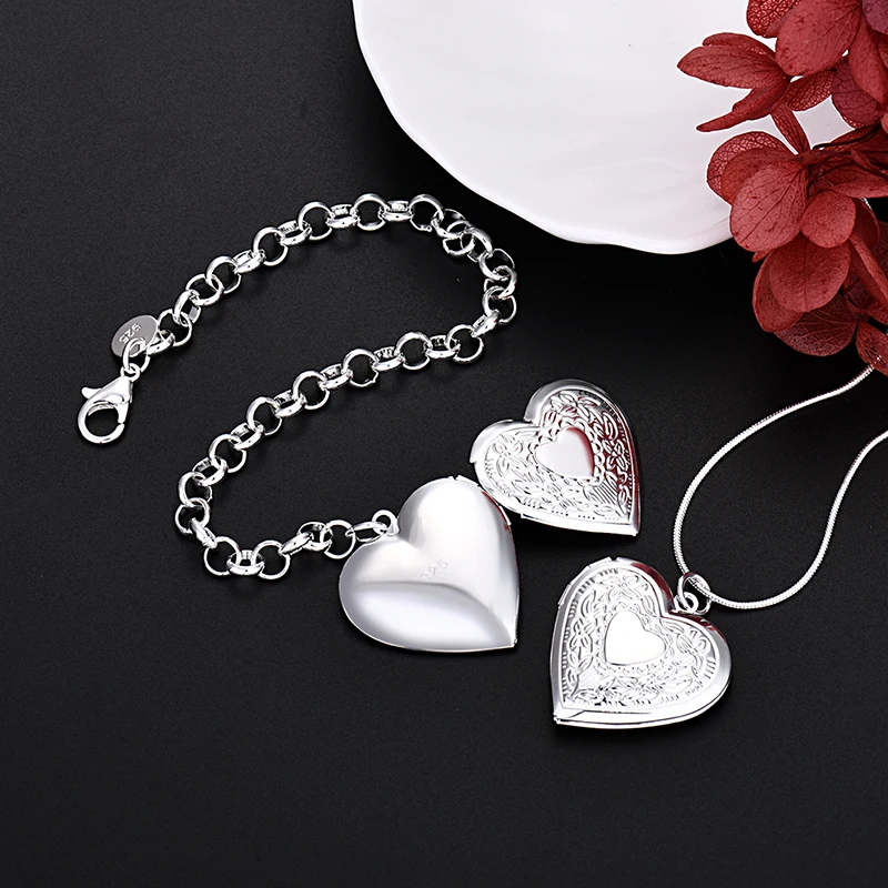 JewelryTop Fine 45-60cm 925 Sterling Silver Heart Photo frame Necklace Bracelet Love Jewelry For Women Chain Set Wedding Gift