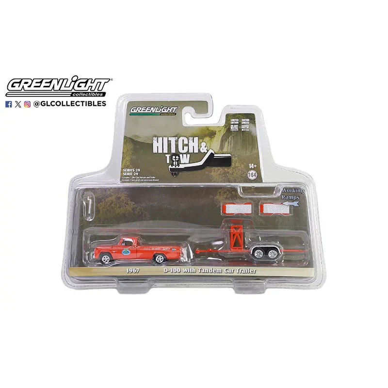 GreenLight Diecast 1:64 Scale 1967 D-100 With Tandem Car Trailer Alloy Car Model Classic Collection Display Toys