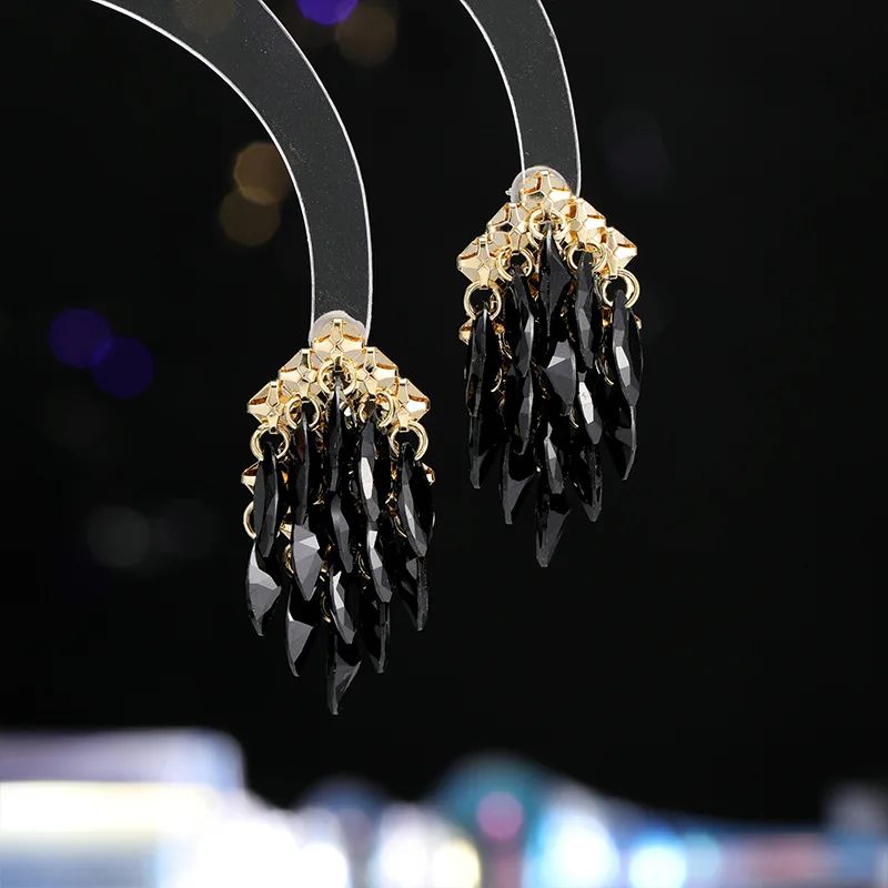 Sparkling Cubic Zirconia Geometric Rhombus Tassel Dangle Earrings For Women 925 Sterling Silver Post Gold Silver Black Clear Zir