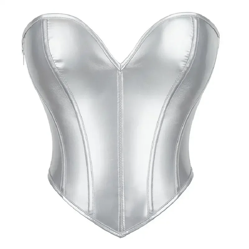 

Silver Leather Lace-up Corset Crop Top Body Shaper Women Sexy Strapless Corselet Vest Summer Streetwear Bustier Tops