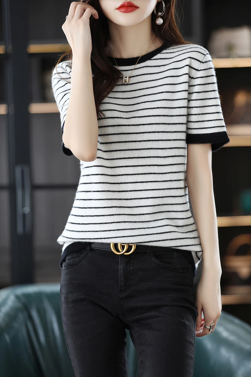 

Basic 100% Merino Wool Fashion Sweater O-Neck Pullover Leisure Cashmere Soft Comfortable Short Sleeve Clothing Top Stripe