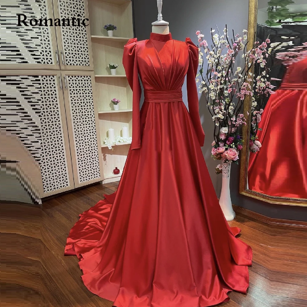 

Romantic Red Satin A Line Evening Dresses Modest High Neck Long Sleeves Saudi Arabric Women Formal Prom Gown Robe de soiree