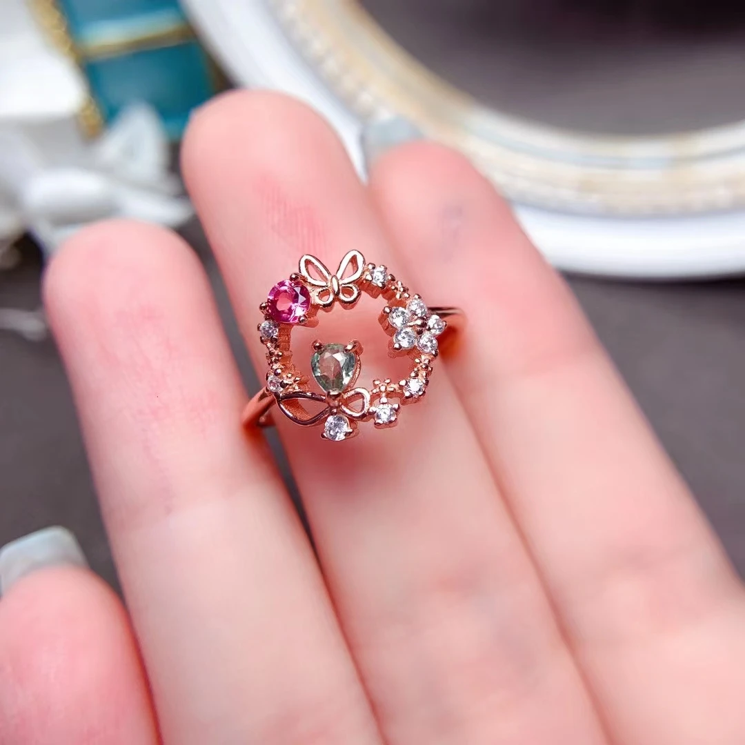 Design Style Silver Wreath Ring for Young Girl 100% Natural Tourmaline Ring 18K Gold Plated 925 Silver Tourmaline Jewelry