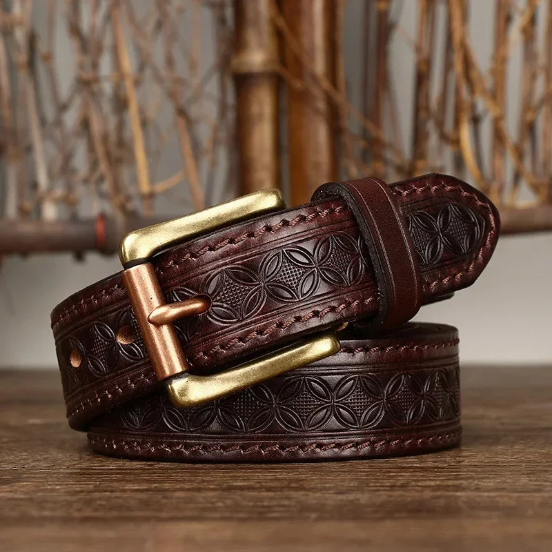 3.3cm Men Genuine Leather Pure Cowskin Personality Luxury Design Belt,Male Vintage Copper Buckle Jeans Strap Belts
