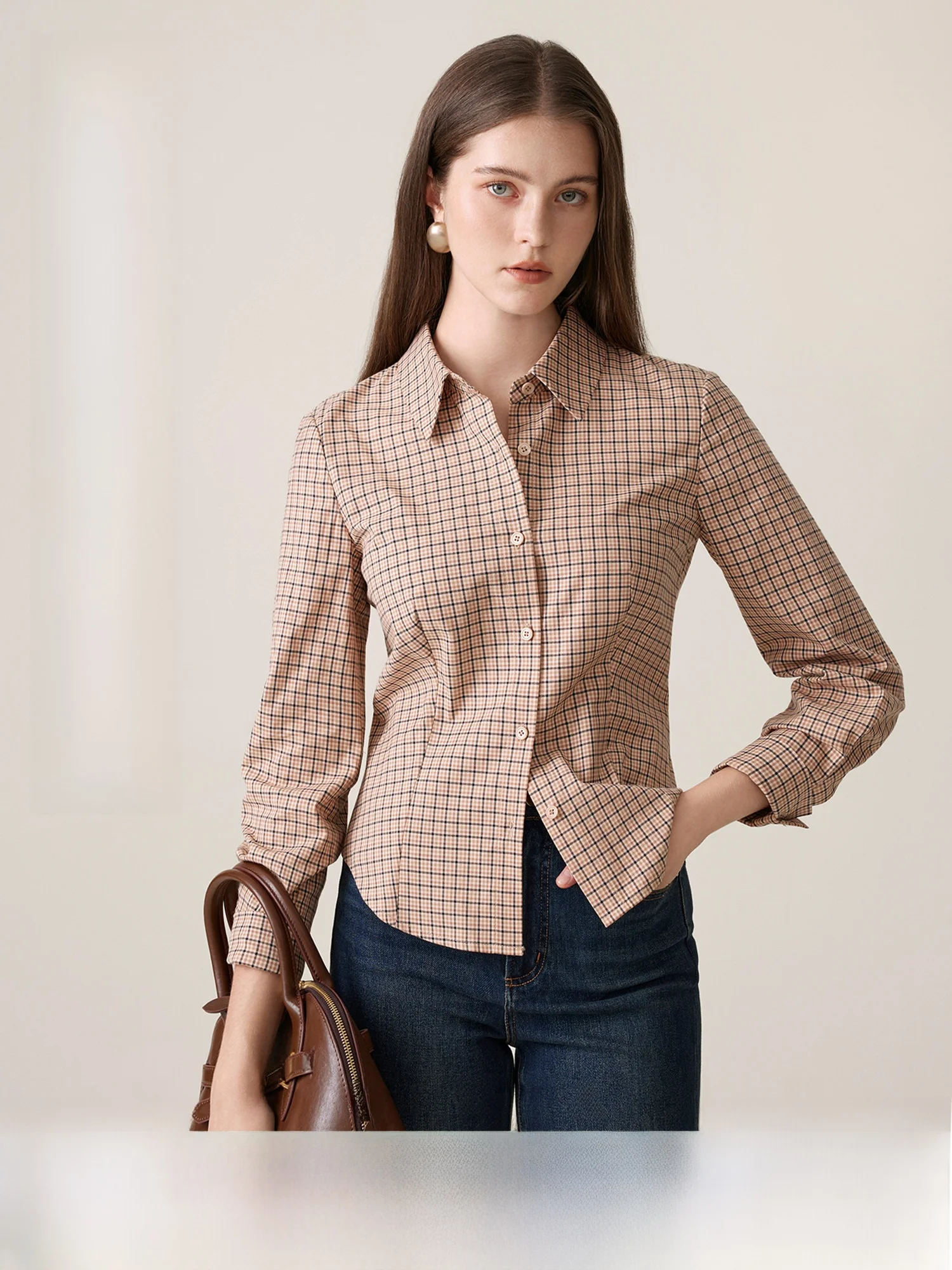 

Cotton Plaid Fabric irt Women's Loose Fit Long Sve Button up Straight Waist Cinched Spring Summer Autumn Faion Sle