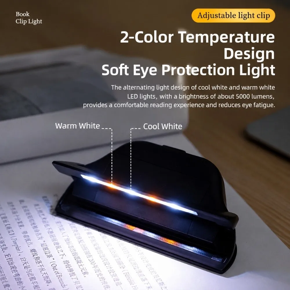 Portable LED Book Clip Light Adjustable Angle Dual Color Temperature Book Lamp Eye-Care Led Reading Light Dorm Bedroom Reading