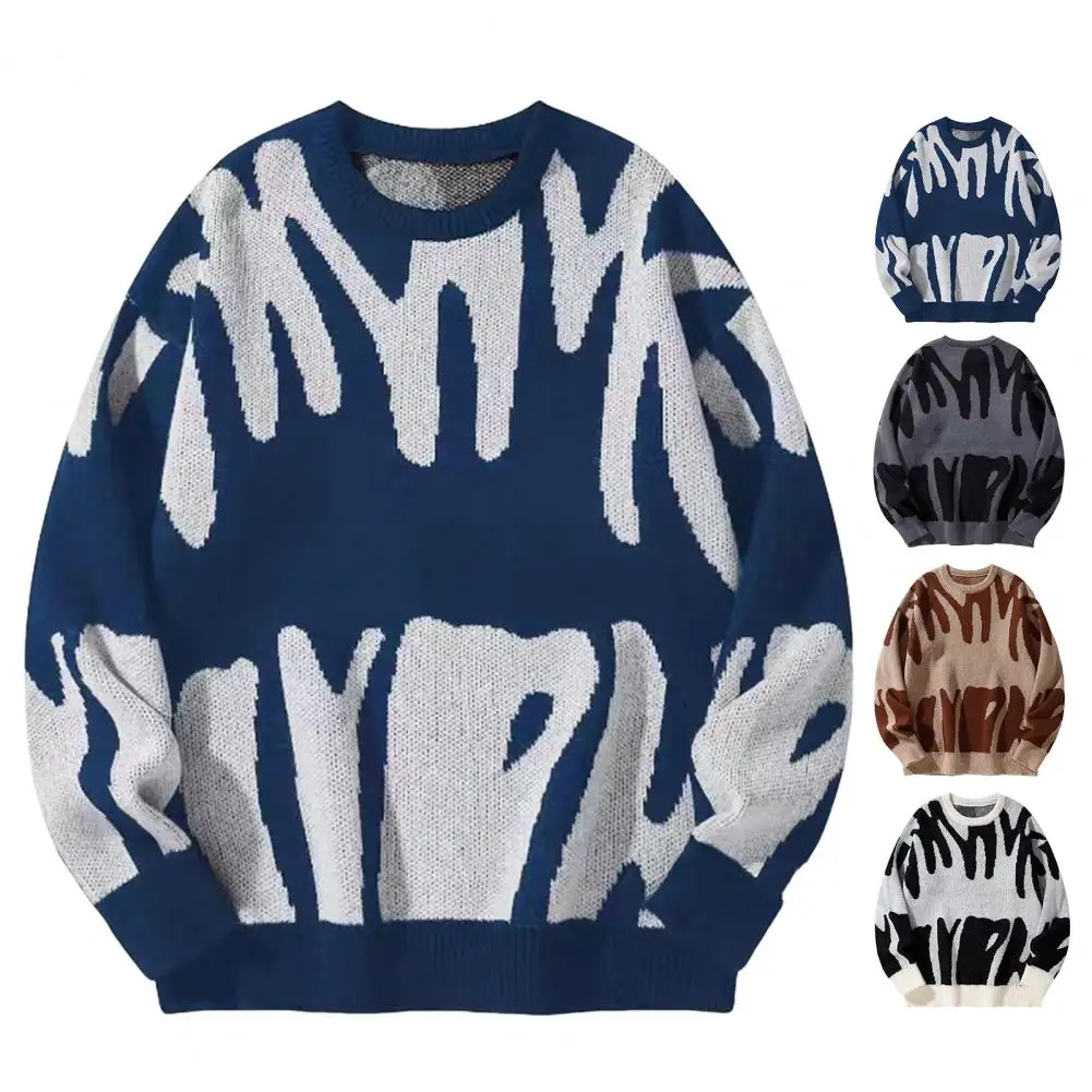 Women Sweater Round Neck Long Sleeve Contrast Color Knitting Tops Loose Fit Printed Elastic Knitwear Daily Wear