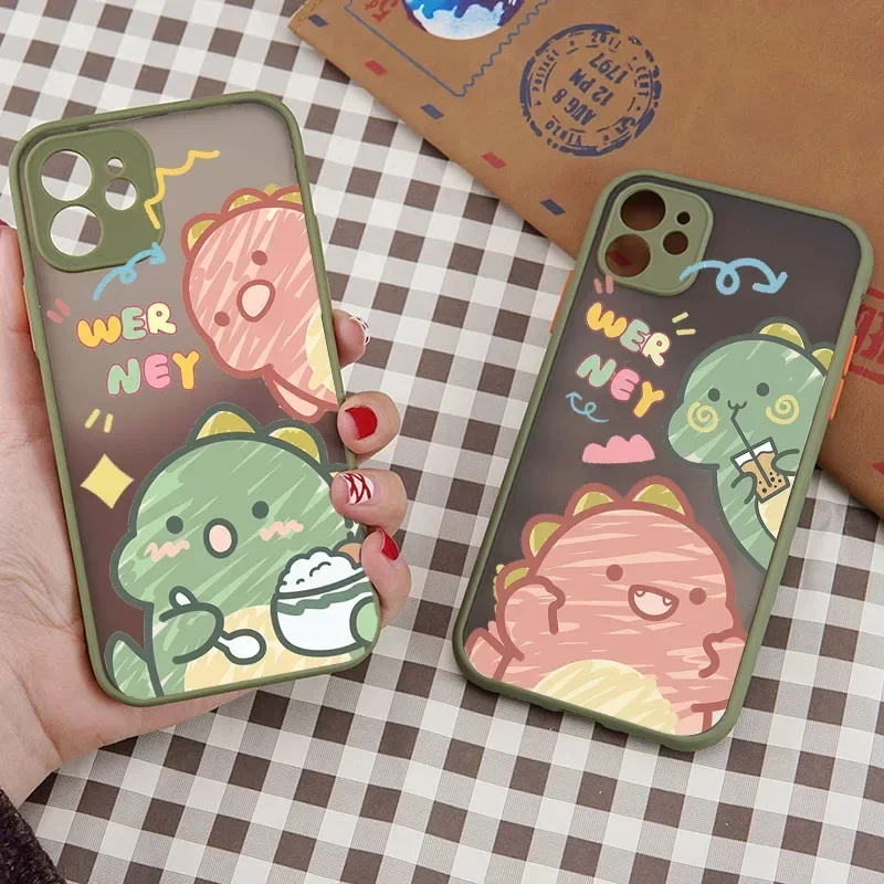 Cute Hand Painted Graffiti Dinosaur Couple Phone Cases For iPhone 15 14 12 11 13 Pro Max Mini SE Plus XS X XR Cartoon Cover Bags