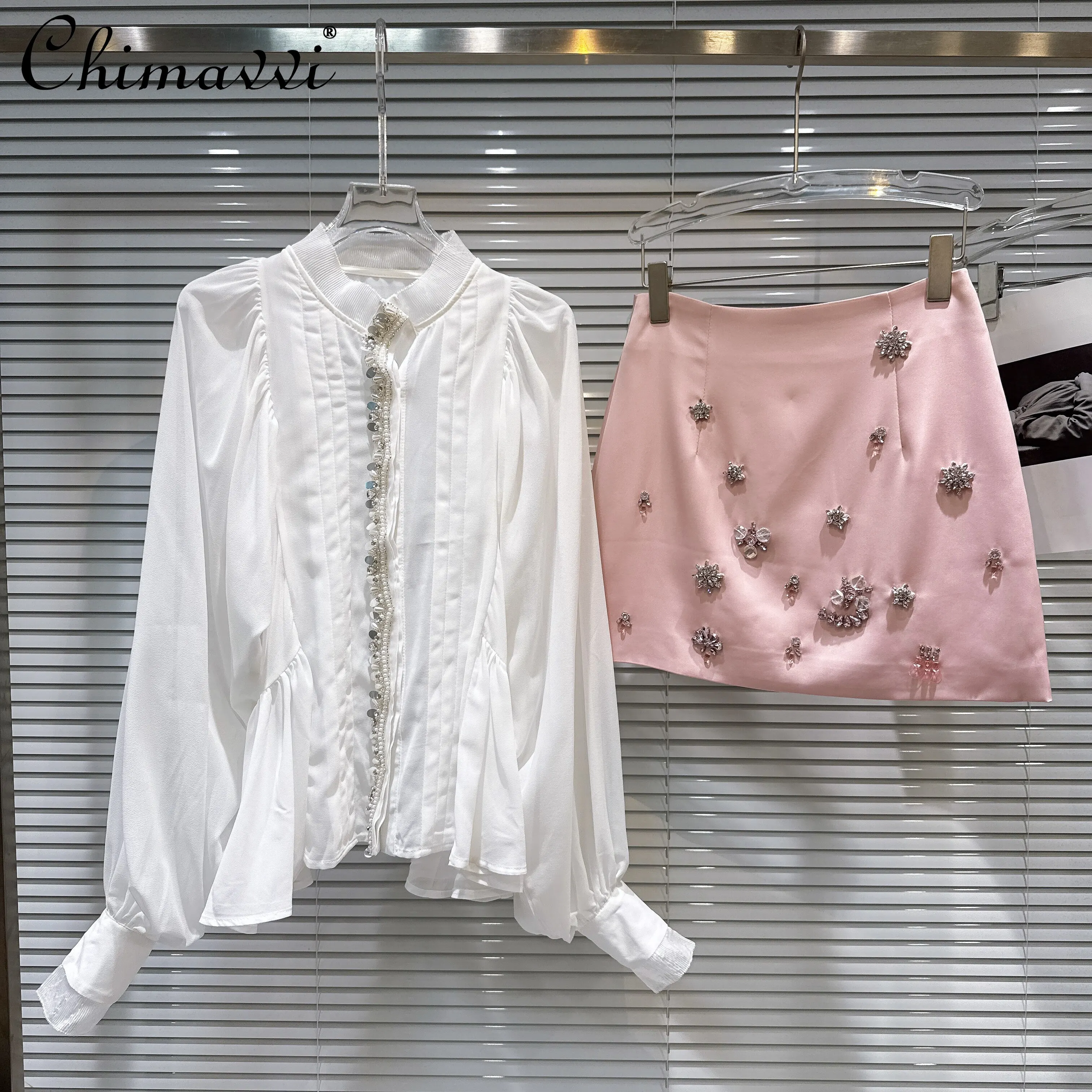 

2026 Spring French Style Elegant Pearl Beading Long Sleeve Chiffon Shirt High Waist Bodycon Short Skirts Two Piece Set for Women