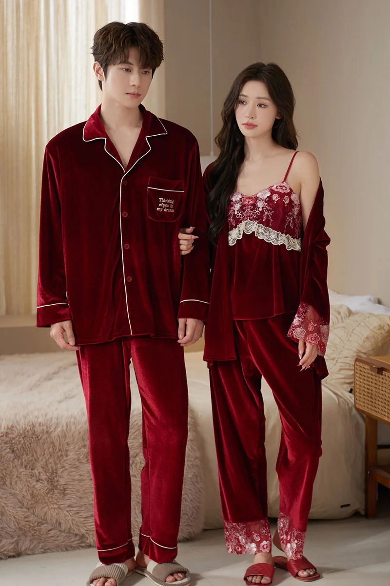 Burgundy Pajama Wedding Couple Set High-end Red Gold Velvet Autumn and Winter Men\'s and Women\'s Three Piece Set