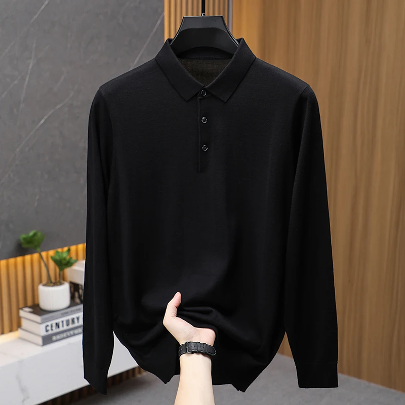 High Grade 100% Superfine Wool Polos Men Spring Autumn Classic Turn Down Knitwear Long Sleeve Worsted Wool Thin Tops Pullovers