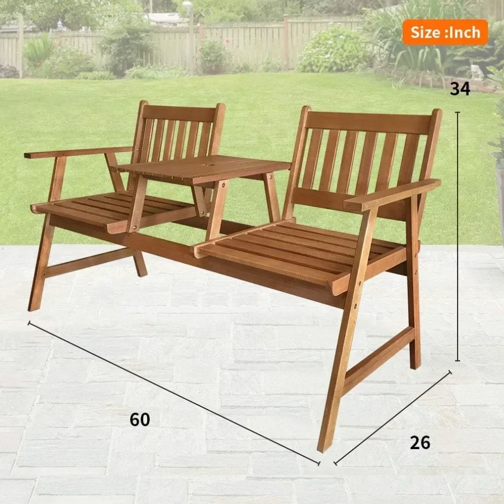 Outdoor Patio Bench Wood Garden Bench Park Bench Acacia Wood with Table for Pool Beach Backyard Balcony Porch Deck Garden