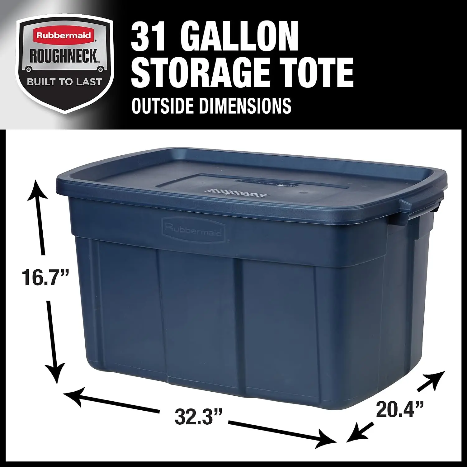 Roughneck Tote 31 Gal, 3 Pack, Made in USA, Dark Indigo Metallic, Rugged Plastic Stackable Storage Bins with Lids and Handles