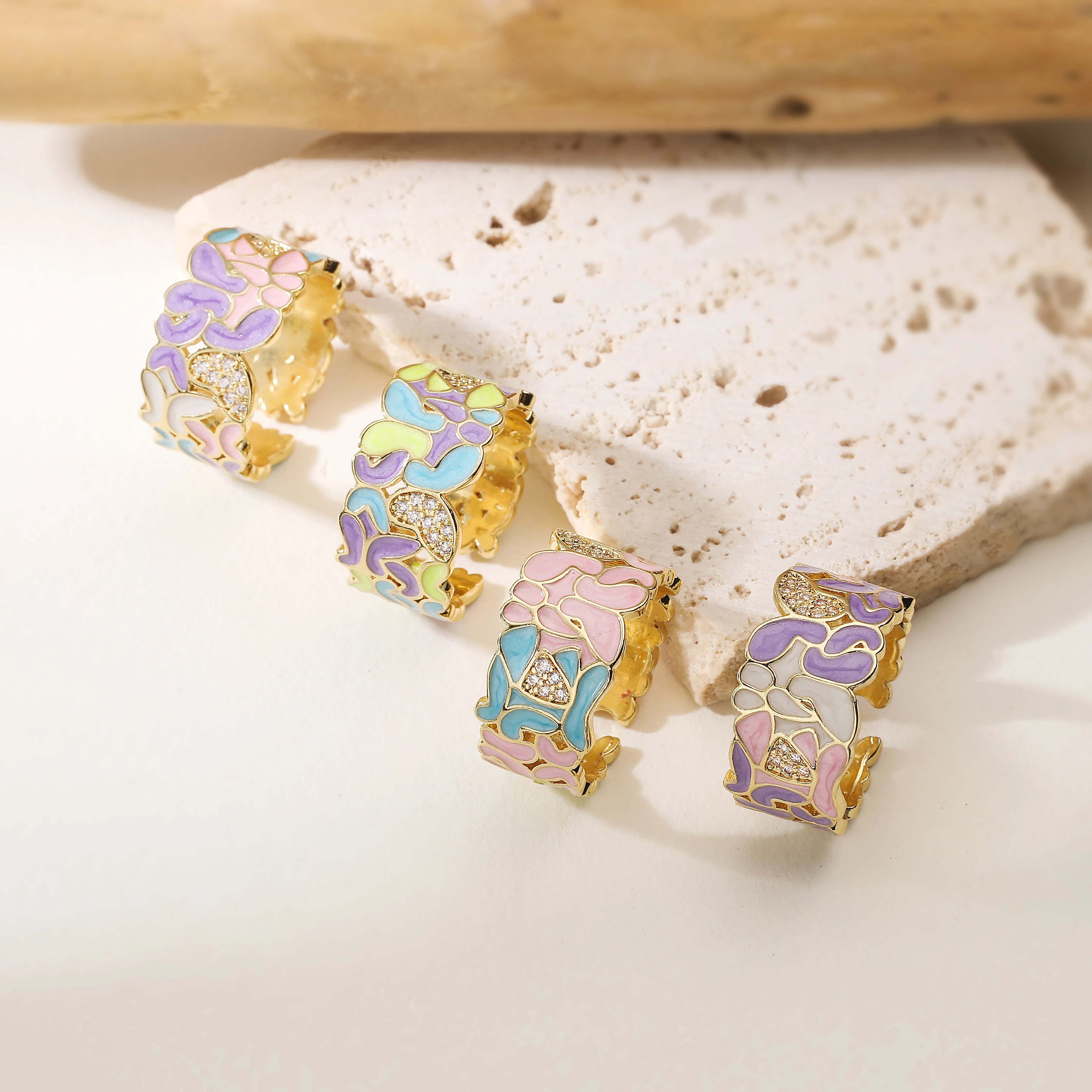 18K Gold Plated Mosaic Enamel CZ Open Ring, Colorful Pastel Stained Ring, Adjustable Art Deco Wide Band for Women