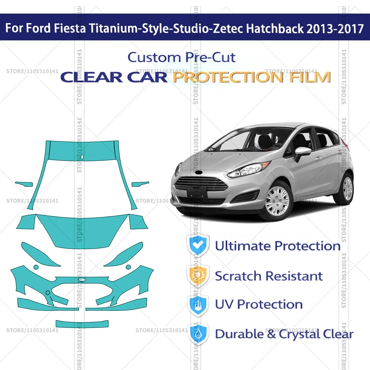 For Ford Fiesta Titanium-Style-Studio-Zetec Hatchback 2013-2017 Pre-Cut Paint Protection Film PPF Transparent Car Film PPF