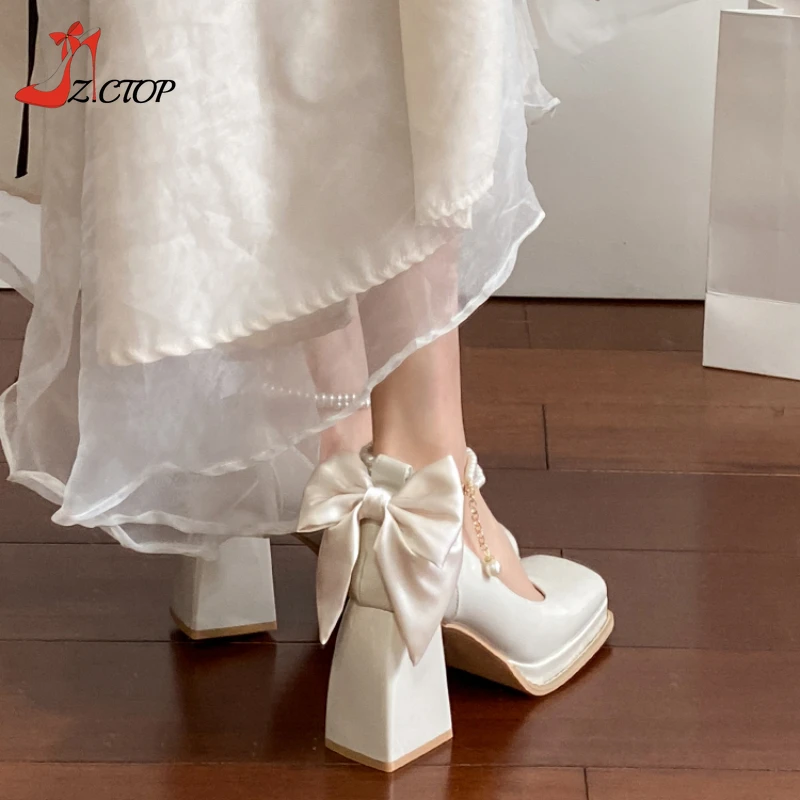 

Women High Heels Mary Jane Shoes Bow Pearl Ankle Strap Chunky Heel Platform Pumps Square Toe Fairy Elegant Dress Wedding Shoes