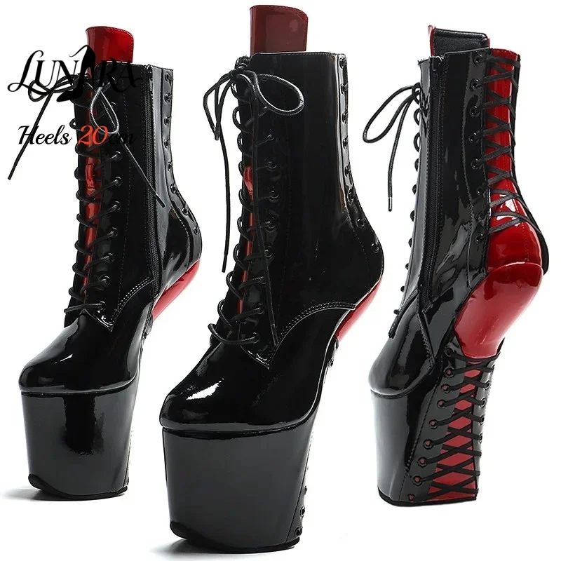 20cm/8Inch Black Red Patent Leather Lace-up Side Zipper Closed Toe Platform High Stiletto Ankle Boots Goth Pole Dance Rave Party
