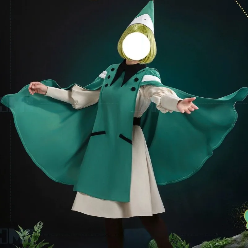 

Anime Koko Cosplay Magician Costume Magic Factory Green Long Robe White Dress with Wig Full Set for Women