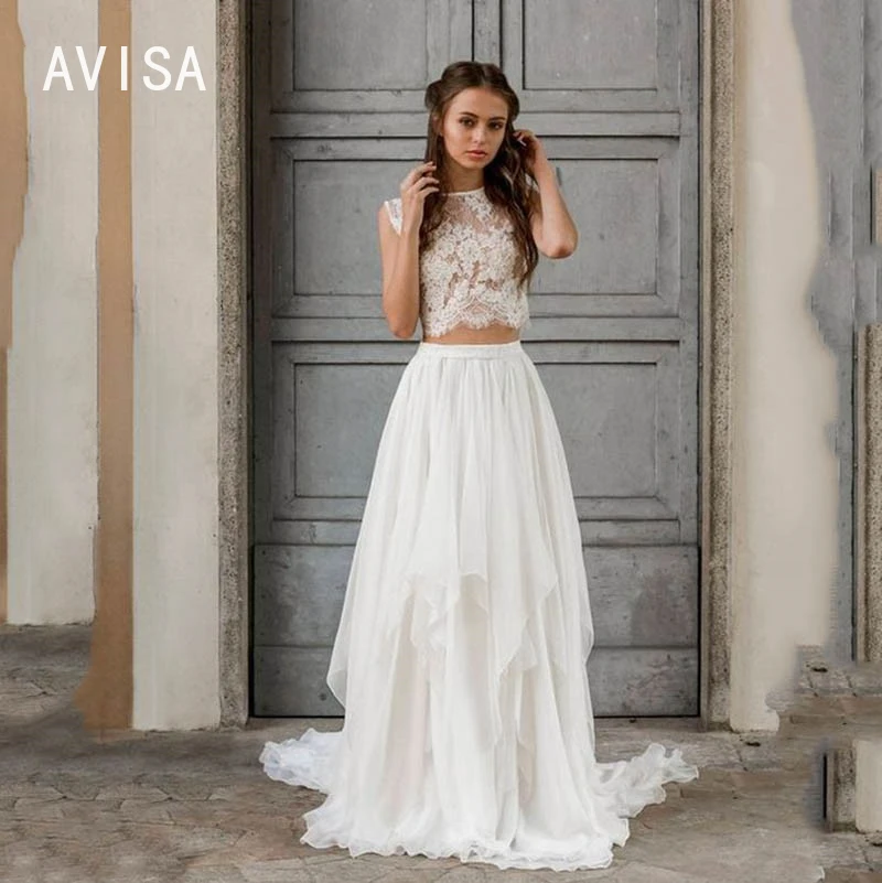 Bohemian Elegant Wedding Dress 2 Pieces Sleeveless Lace Beach Bride Dresses Train Chiffon Wedding Bridal Gowns vestido de noiva