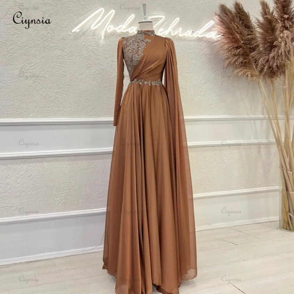 Ciynsia Elegant Prom Dresses Long Sleeves Dubai Luxury Formal Dress for Women Evening Party Gowns Chiffon Vestidos De Festa