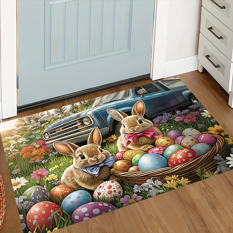 VIKAMA Easter Bunny Egg Non-Slip Mat, Spring Kitchen & Outdoor Entryway Rug, Waterproof Washable Rabbit Design Doormat