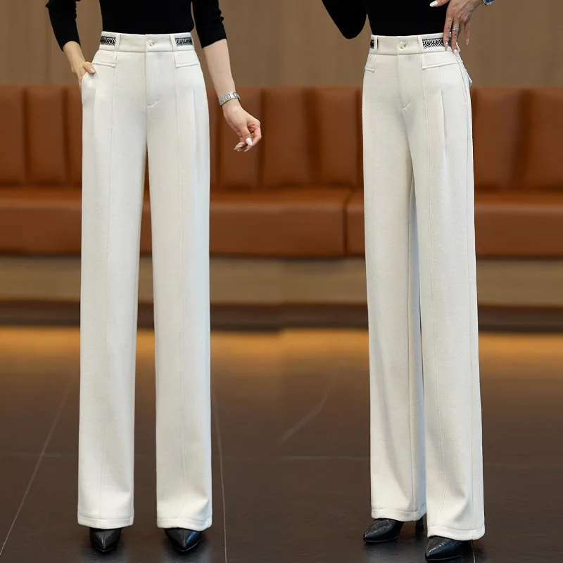 Pantaloni eleganti da donna a gamba larga stretta, nuovi pantaloni casual drappeggiati a vita alta autunnali e invernali