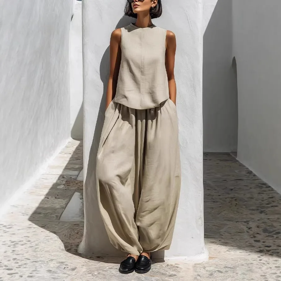 

2026 New Women's Fashion Set Elegant Solid Color Top Modern Wide Leg Pants 2-Piece Outfits Summer Casual Loose Fit Set