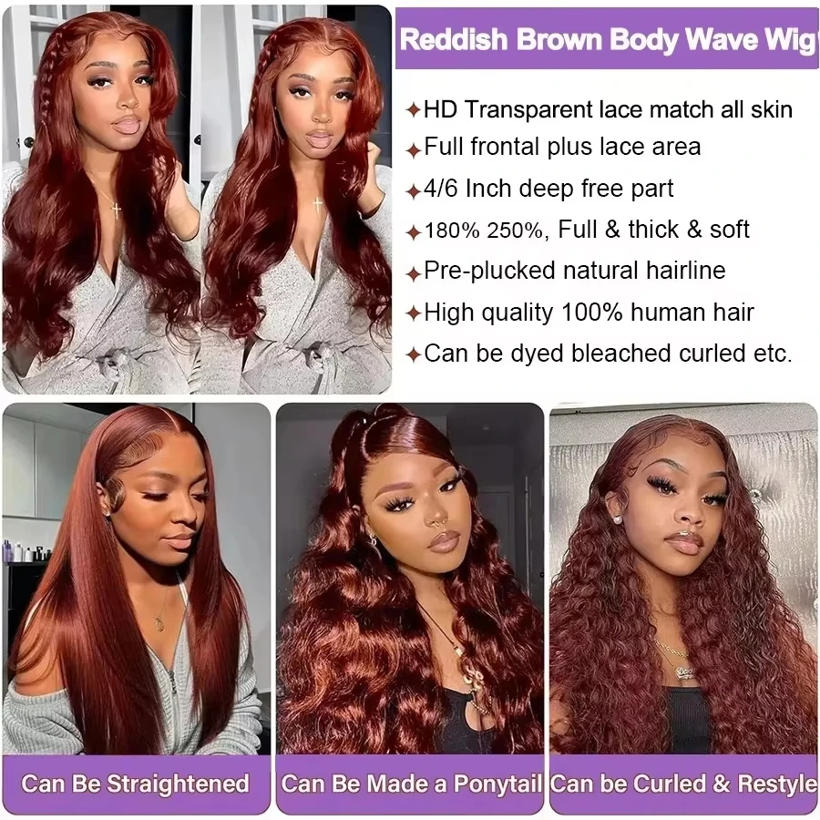 Coklat Kemerahan 13X6 Hd Rambut Manusia Renda Depan Gelombang Dalam Warna Brasil Wig Keriting Kepadatan 200% 13X4 Wig Renda Depan untuk Wanita