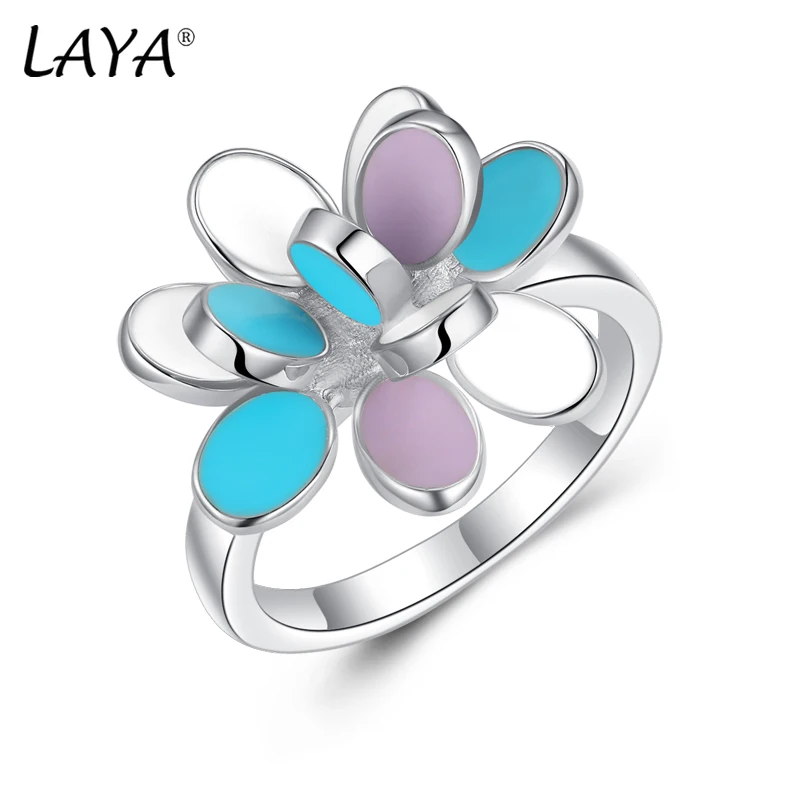 

LAYA Vintage Enamel Flower Finger Ring For Women Temperament Blue Purple Flower Shaped Wedding 925 Sterling Silver Jewelry New