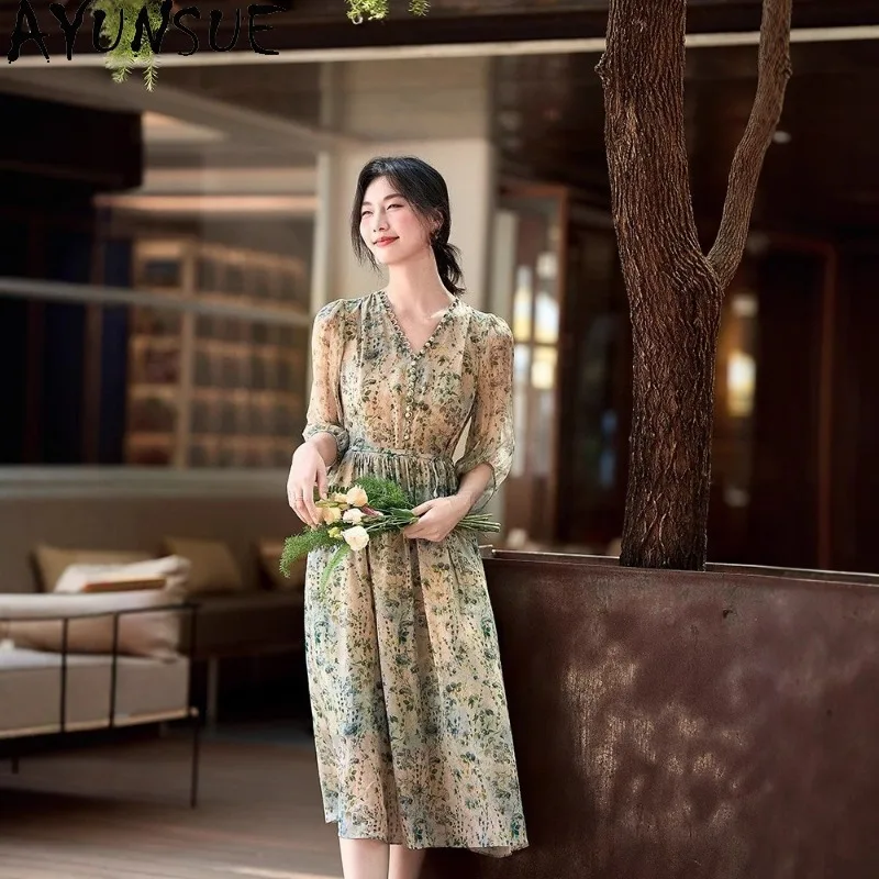 AYUNSUE 100% 天然シルク女性ドレスグリーン春夏ドレス草原シックなロングドレス女性服 Roupas Feminina
