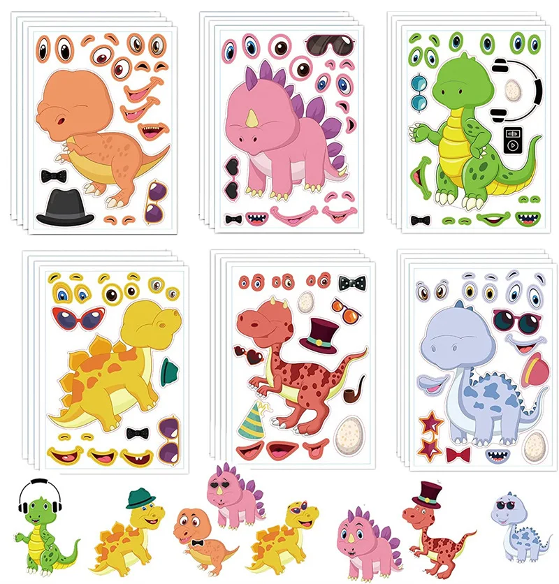 

6-24sheets Make A Dinosaur Stickers for Kids DIY Animal Face Jigsaw Puzzle Stickers Fun Craft Children Early Education Learn Toy