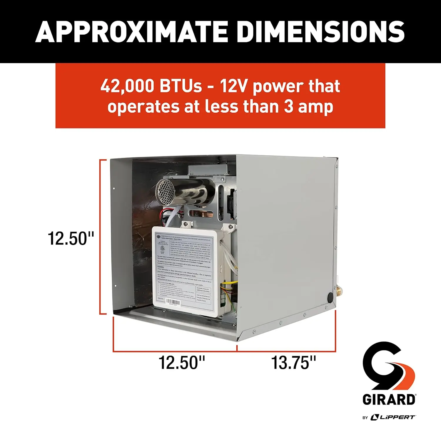 Tankless RV Water Heater, 12V Power, 42,000 BTUs, Quiet Operation, Onboard Microprocessor, Digital User Control Panel, Freeze Pr