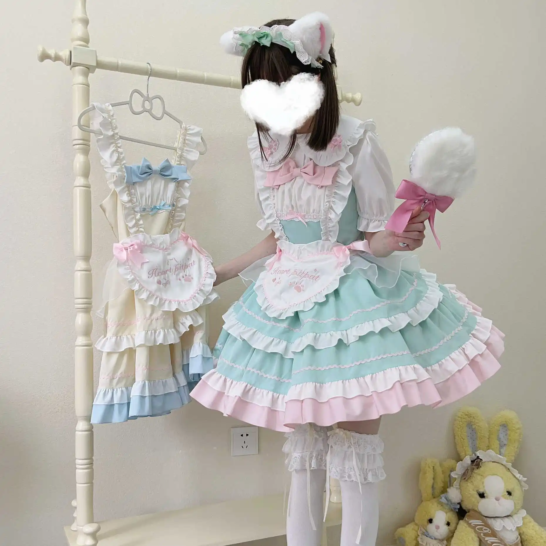 MAGOGO Japanese Kawaii Lolita Princess Dress Set Women Sweet Embroidery Bow Ruffles Apron Jsk Dresses Cute Party Mini Dress