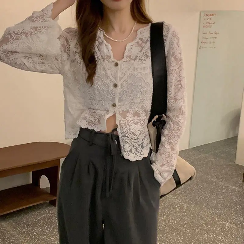 Lace Shirts and Blouses Korea Hollow Out Fashion Woman Blouse 2024 Short Sleeve Top Female V-neck Japan Style Sweet Clothes New