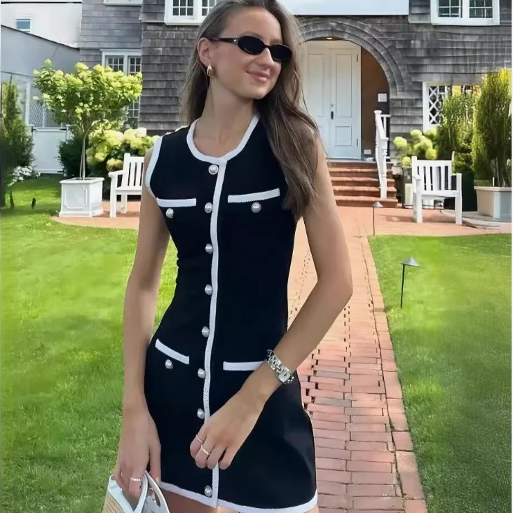 

2025 Summer Elegant Lady Knitted Single Breasted Long Dresses Women Solid Sleeveless O Neck Button Bodycon Party Female Vestidos