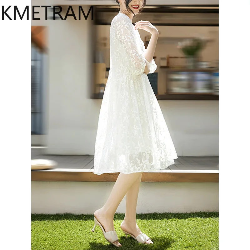 KMETRAM High End Maulbeerseide Weißes Kleid Sommer Hohlstickerei Kleider für Frauen A-Linie Damenbekleidung Robe Femme Été