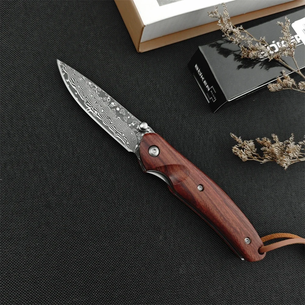 Top Selling Damascus Steel Blade Folding Pocket Knife Red Wood Handle Knife Outdoor EDC Survival Camping Hiking Hunting Tool