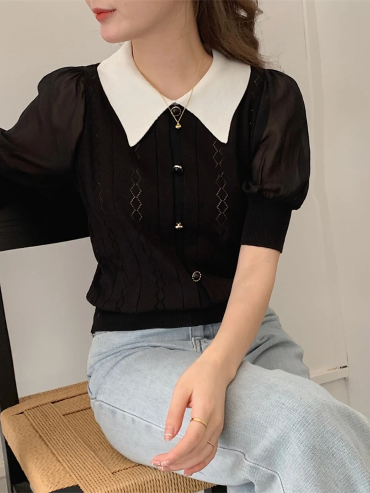 

Chic Summer 2023 ort Sve T-irt Women's Faion Bubble Sve Thin Doll Collar Fraance Sle Korean Version Casual Wear